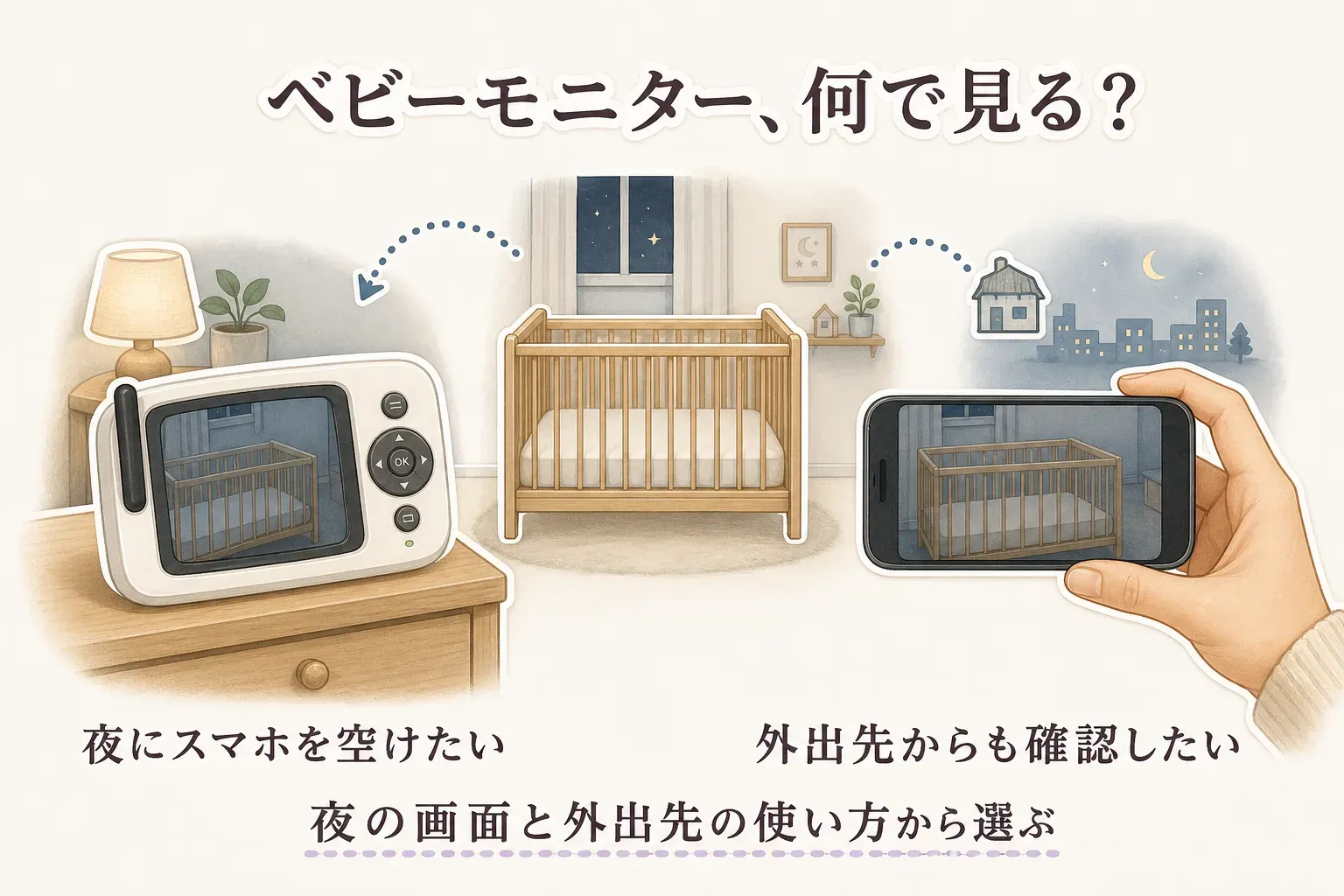 夜に自宅で見守る場合は専用モニターでスマホを空け、外出先から確認する場合はWi-Fiとスマホアプリを使う、ベビーモニターの2つの使い分けを示す図