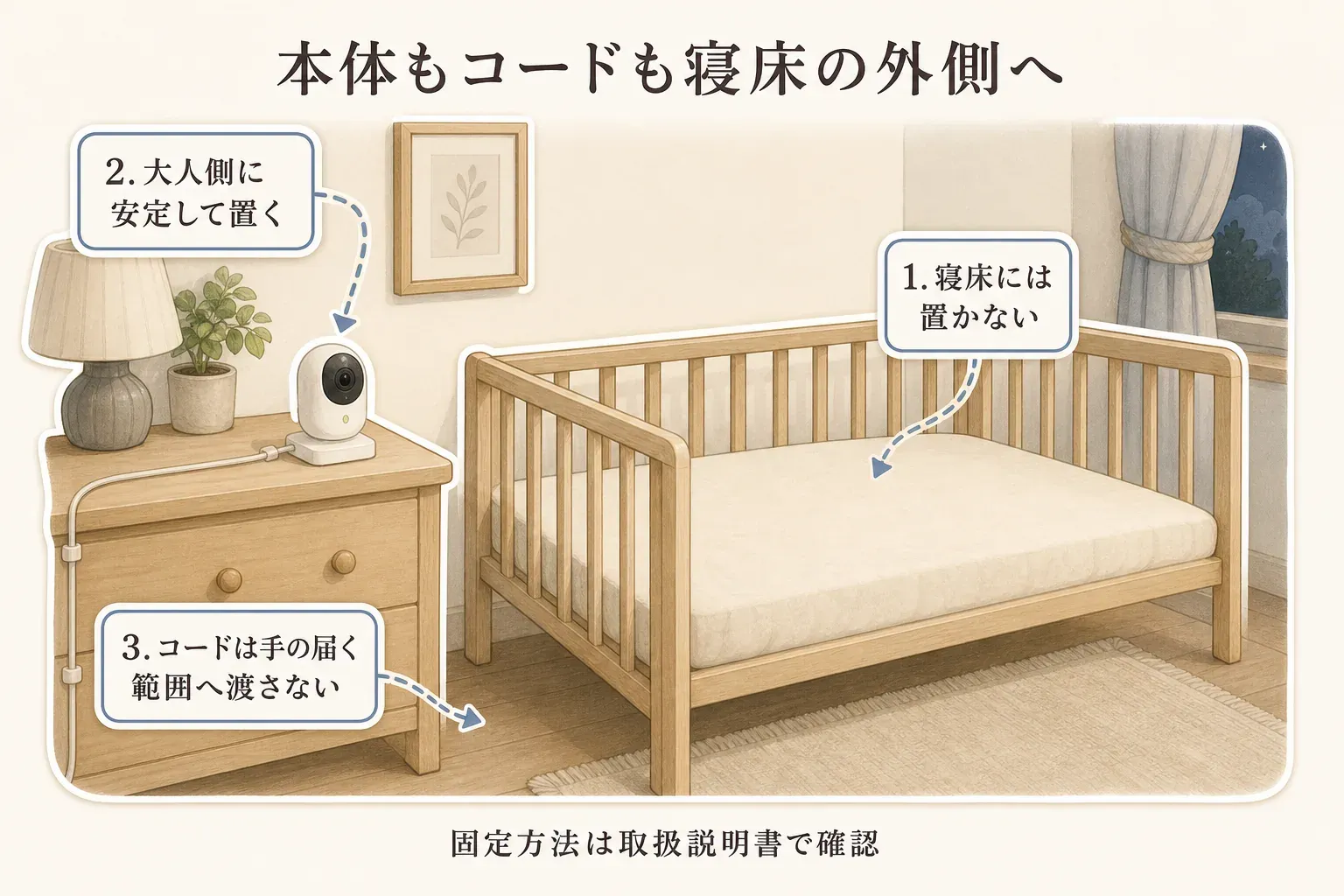 赤ちゃんの寝床の外側にカメラを安定して固定し、大人側に親機や専用モニターを置く配置図。コード、本体、乾電池を赤ちゃんの手が届く範囲に置かない安全な設置方法を示している