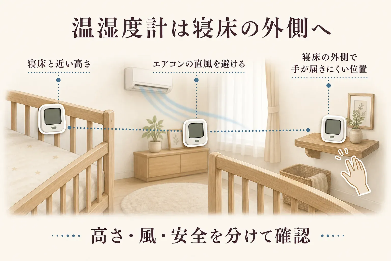 温湿度計は寝床の外側に置くことを示す図。寝床と近い高さに表示を置き、エアコンの直風を避け、赤ちゃんの手が届きにくい安定した位置に設置して、高さ・風・安全を分けて確認する