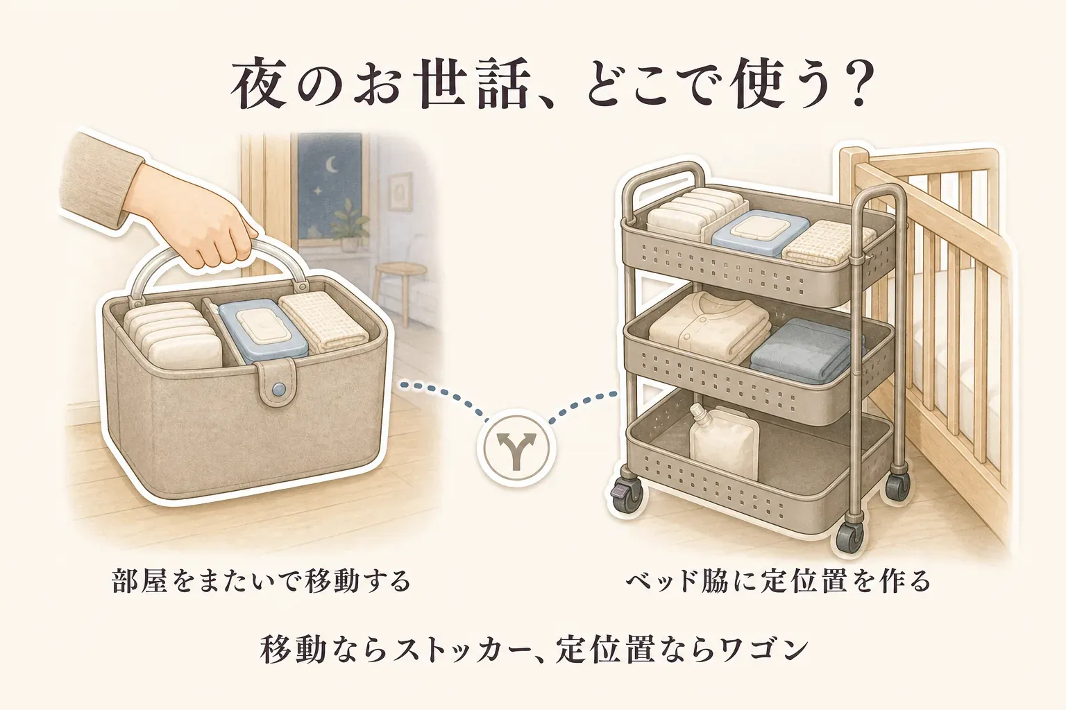 夜のお世話をする場所に合わせた収納の選び方を示す図。部屋をまたいで移動する場合はおむつ・おしりふきを入れた持ち手付きストッカー、ベッド脇に定位置を作る場合は段付きキャスター付きワゴンを選ぶ