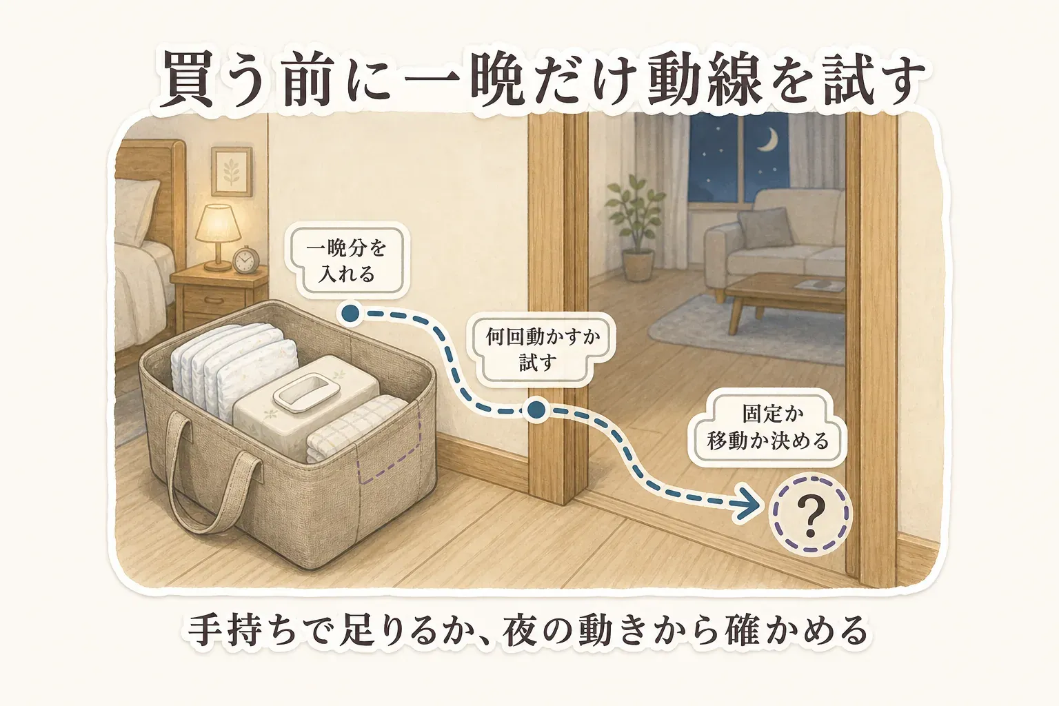 収納を買う前に一晩だけ夜の動線を試す図。一晩分のおむつ・おしりふきをバッグへ入れ、寝室からリビングまで何回動かすかを試して、収納を固定するか移動するか決める