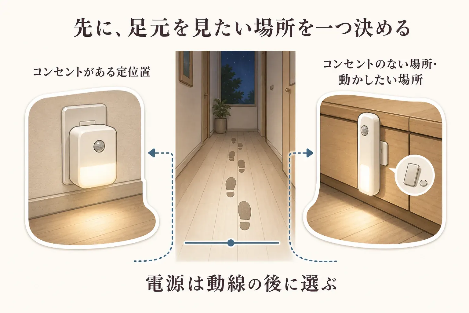 夜の廊下で足元を見たい場所を先に決め、コンセントがある定位置にはコンセント式足元灯、コンセントがない・動かしたい場所には充電式または電池式の人感センサーライトを選ぶ流れを示す図
