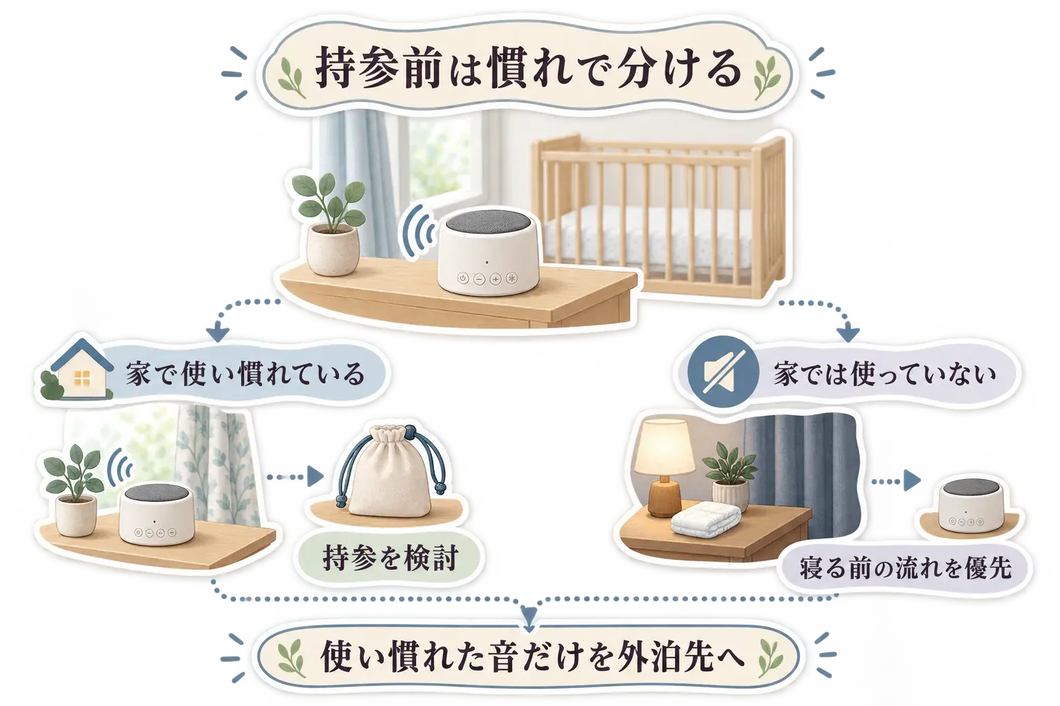 ポータブルホワイトノイズマシンを持参する判断を示す図。家で使い慣れている場合は持参を検討し、家で使っていない場合は寝る前の流れを優先して、使い慣れた音だけを外泊先へ持っていく