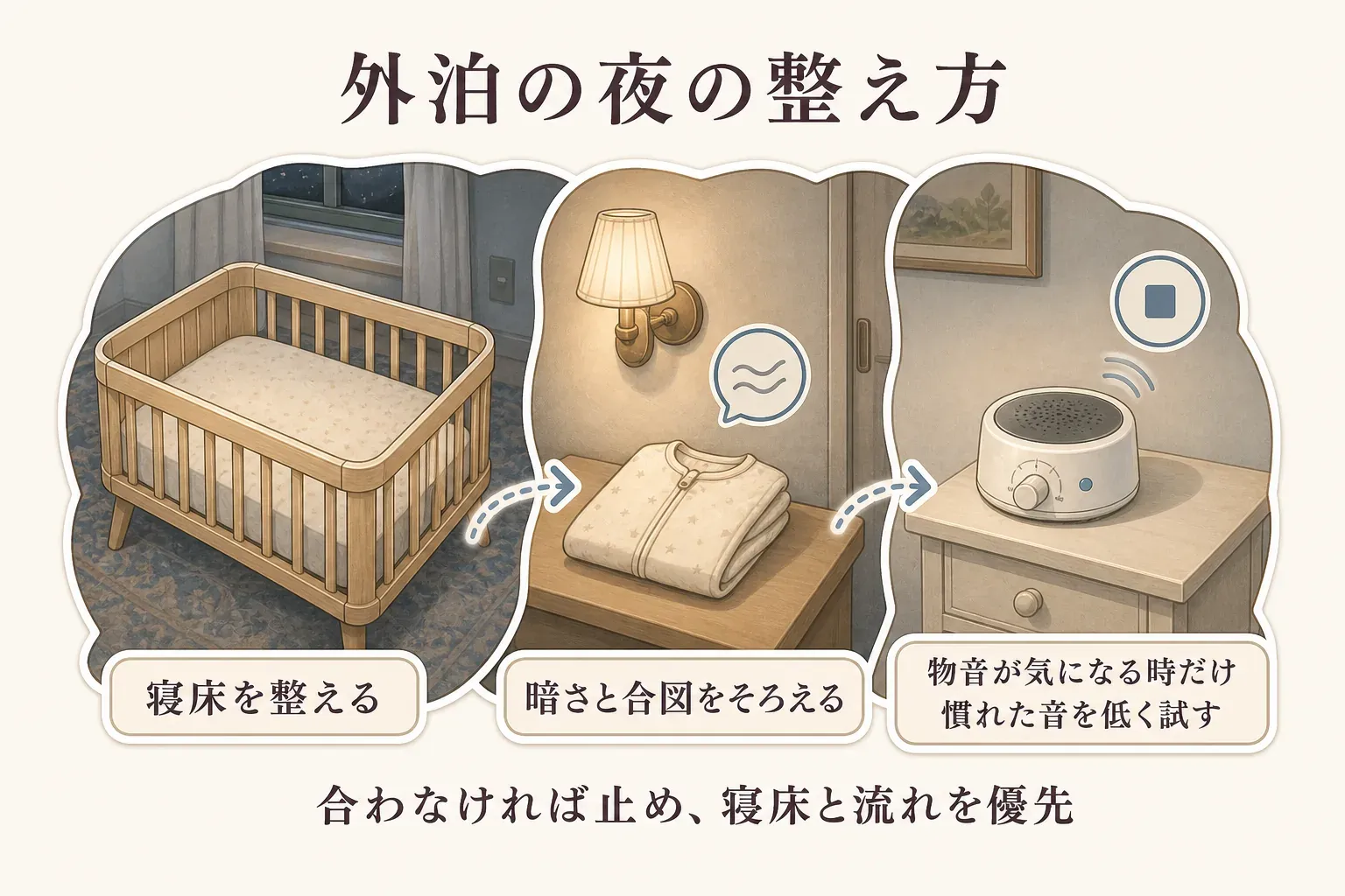 外泊の夜の整え方を示す図。安全な寝床を整え、暗さと寝る前の合図をそろえ、物音が気になるときだけ使い慣れた音を低い音量で試し、合わなければ止めて寝床といつもの流れを優先する