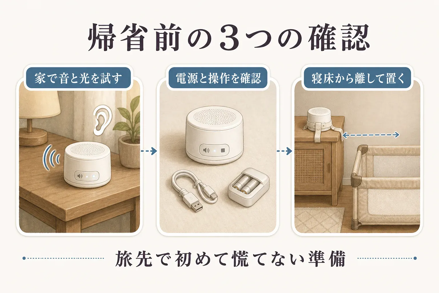 帰省前の3つの確認を示す図。家で音とライトを試し、充電ケーブルや乾電池を含む電源と操作を確認し、ホワイトノイズマシンを赤ちゃんの寝床から離れた台に置く準備をする