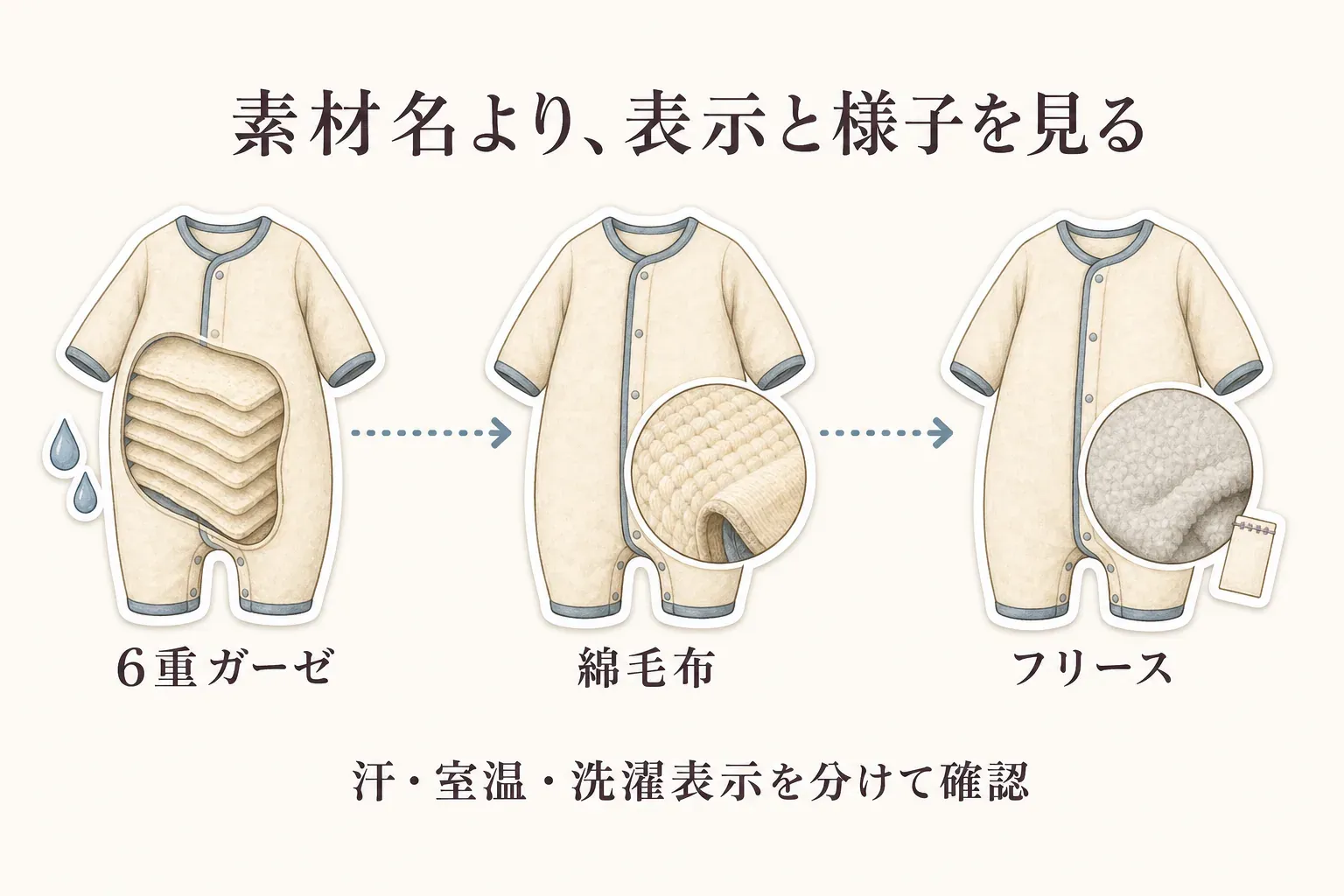 6重ガーゼ、綿毛布、フリースのスリーパーを並べ、素材名だけでなく汗の様子、室温、洗濯表示を分けて確認することを示す図