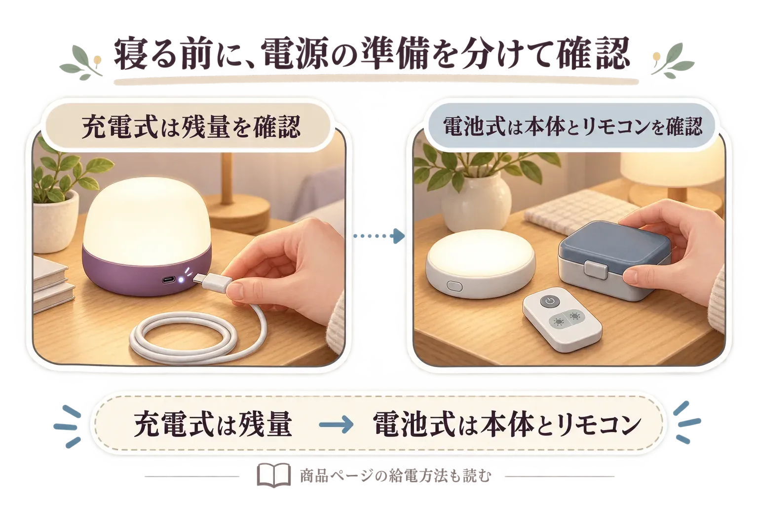 USB充電式ライトは寝る前に充電残量を確認し、乾電池式のリモコンライトは本体とリモコン用の予備電池を赤ちゃんの手が届かない場所に準備する流れを示す図