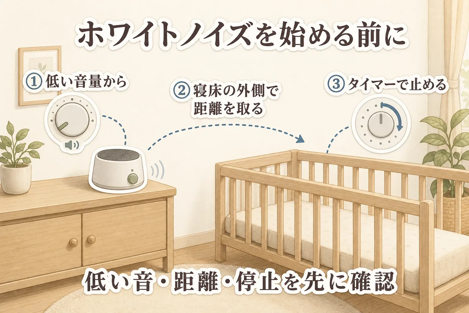 ホワイトノイズを始める前の3つの確認を示す図。低い音量から始め、ホワイトノイズマシンをベビーベッドの外側で距離を取って安定した台に置き、タイマーで停止する