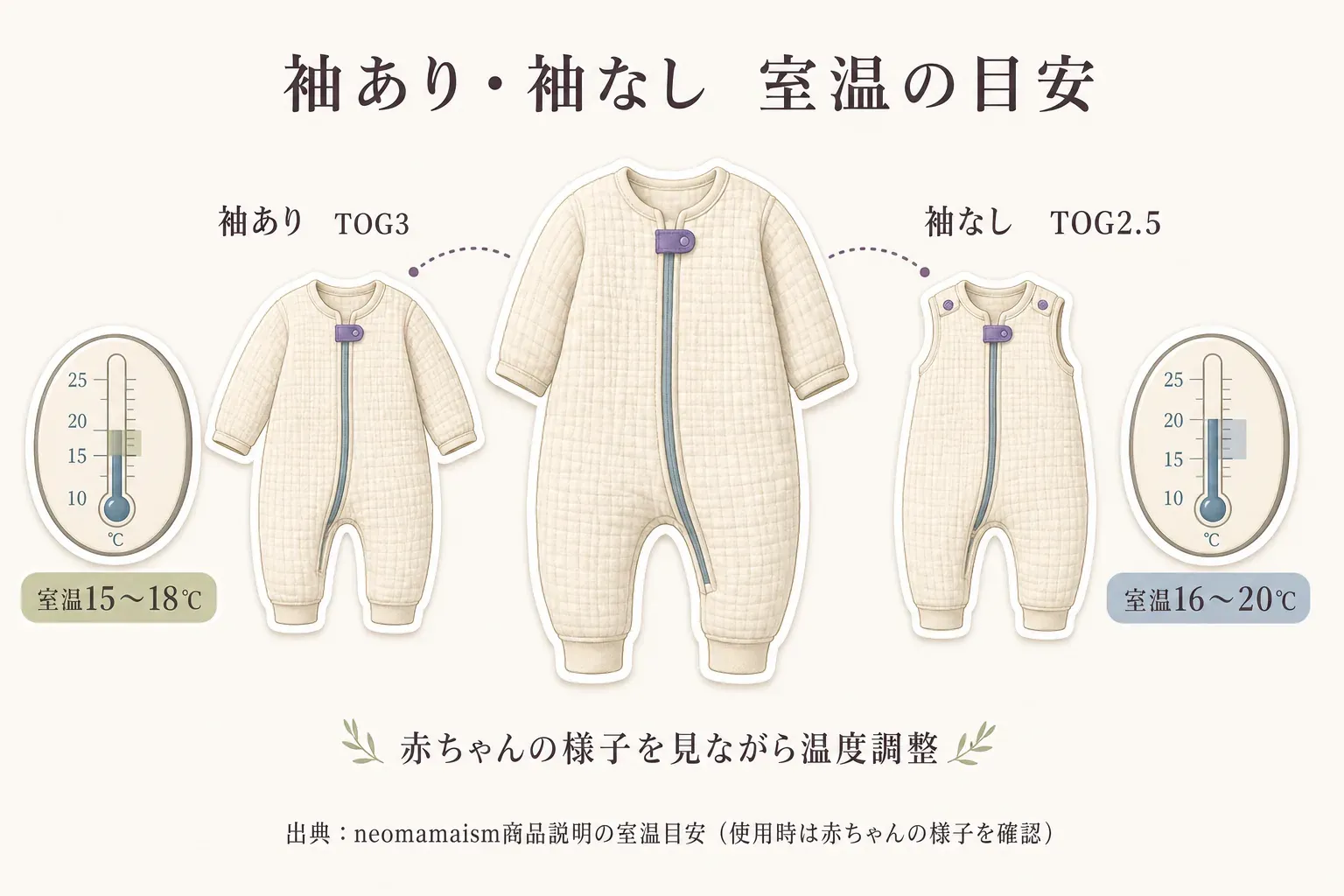neomamaismの商品説明にある室温目安として、袖ありはTOG3で室温15〜18℃、袖なしはTOG2.5で室温16〜20℃を示し、使用時は赤ちゃんの様子を見ながら温度調整する図。出典：neomamaism商品説明の室温目安