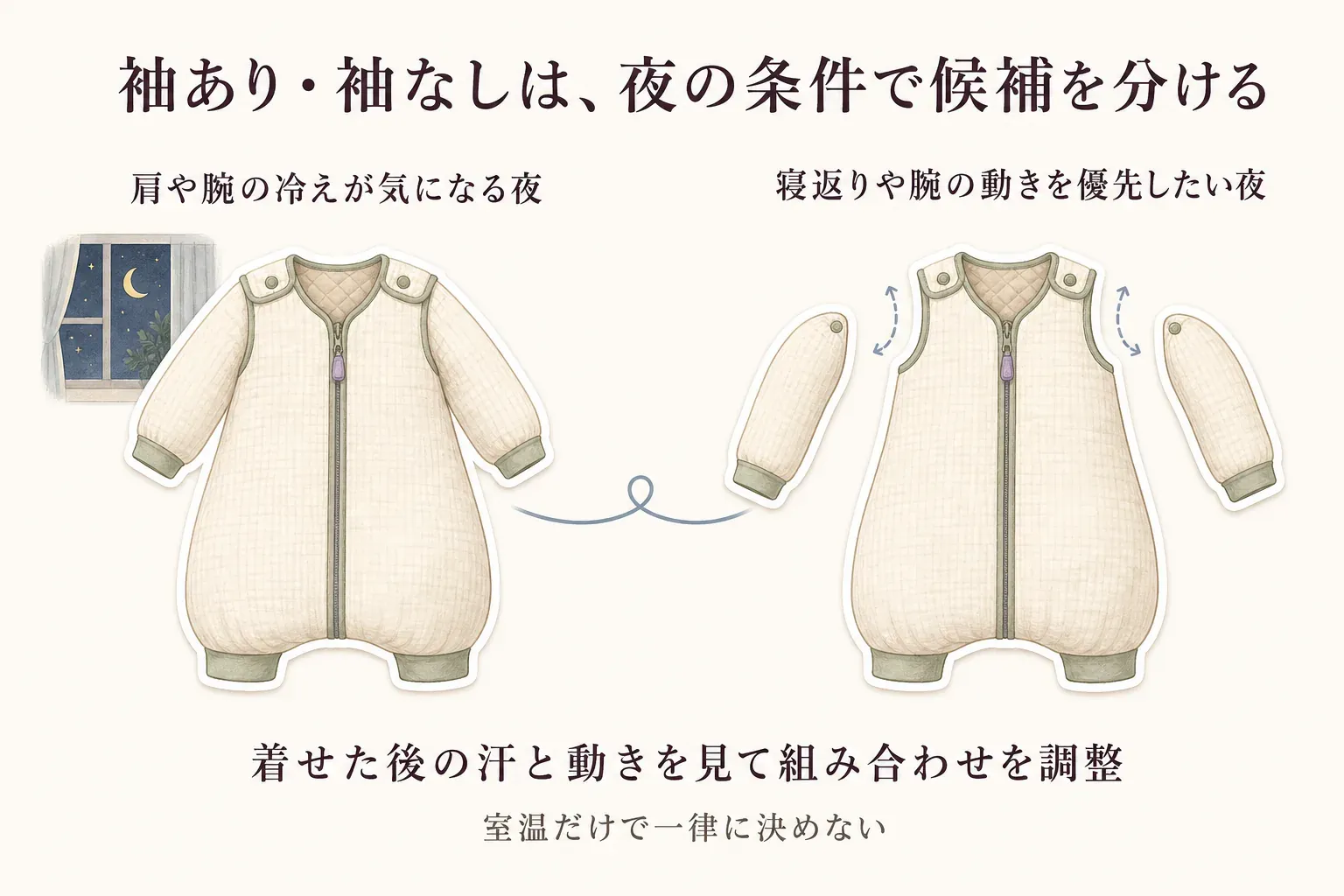 夜の条件で袖あり・袖なしを分ける図。肩や腕の冷えが気になる夜は袖あり、寝返りや腕の動きを優先したい夜は袖なしを候補にし、着せた後の汗と動きを見て組み合わせを調整することを示す