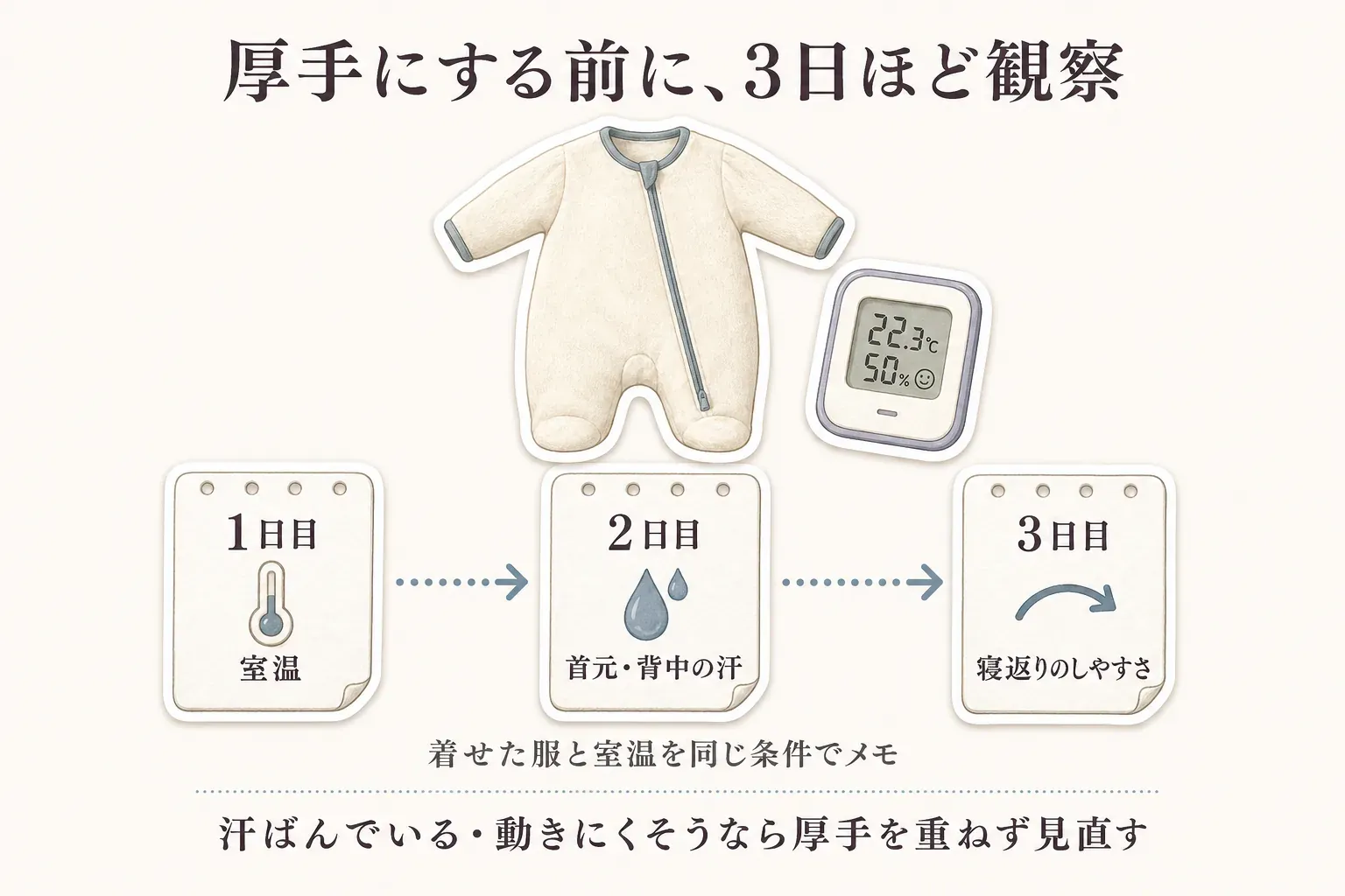 厚手にする前の3日ほどの観察として、1日目に室温、2日目に首元・背中の汗、3日目に寝返りのしやすさを確認する図。着せた服と室温を同じ条件で記録し、汗ばんでいる・動きにくそうなら厚手を重ねず見直すことを示す